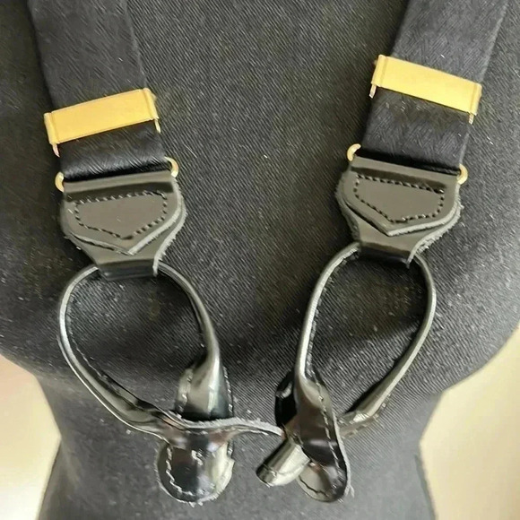 Suspenders 100% Silk Black Made in England Patent Leather with Gold Hardware - Picture 10 of 14